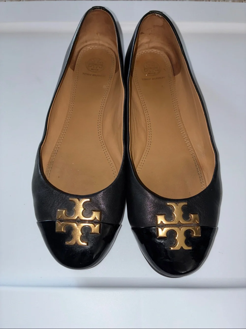 Tory Burch Black Leather Gold Logo Cap-Toe Flats